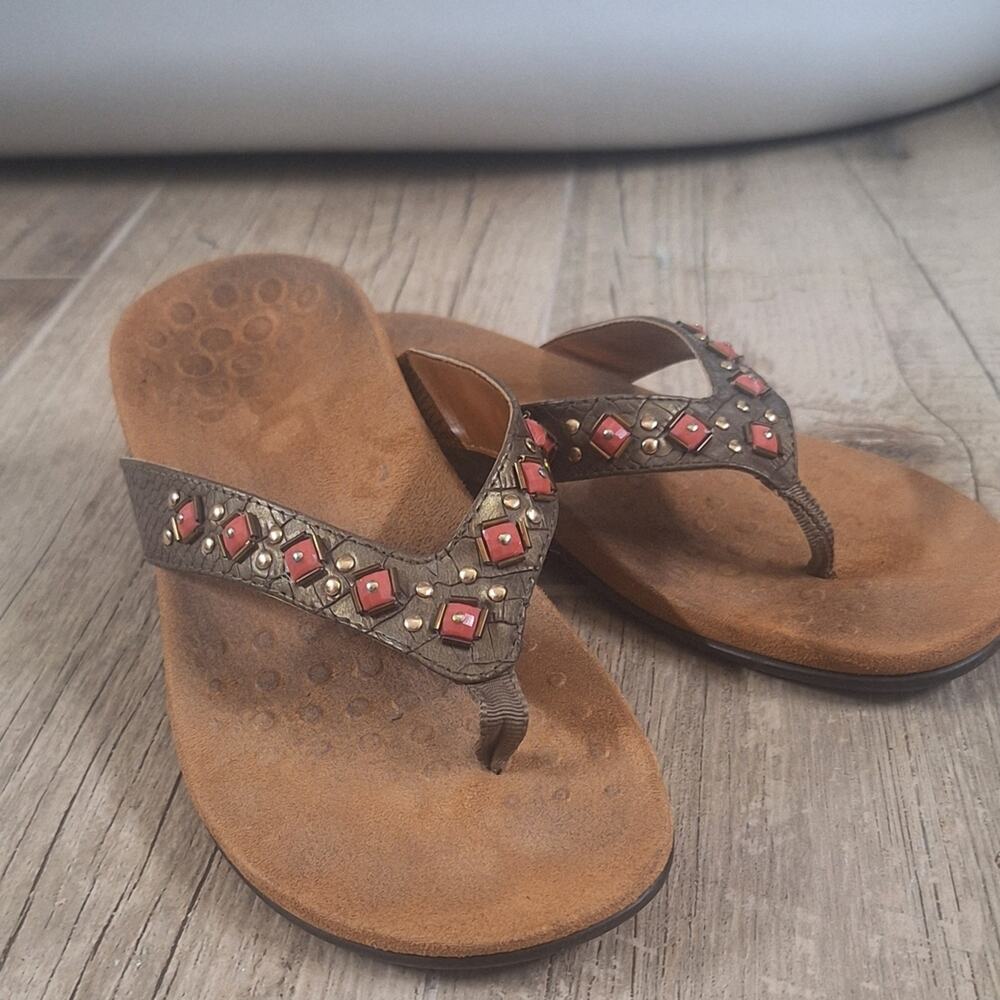 Vionic Floriana Bronze Snakeskin and Red Beaded Women's Sandals Sz. 8